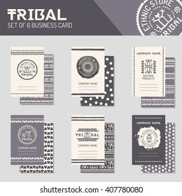 Ethnic style business template collection. Tribal business cards, flyers, banners with logo templates, endless borders and patterned backsides. Monochrome. Hand drawn layouts for natural products