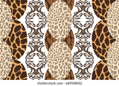Ethnic style carper with different animal prints. Leopard and giraffe spots, geometric Damask ornaments. Seamless pattern for textile design and wallpapers. Safari collection. Brown, beige, white.
