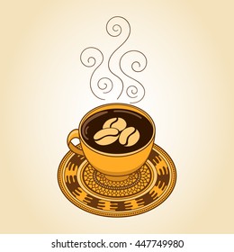 Ethnic style coffee cup poster with curve smoke and beans. Coffee time boho concept stylized vector illustration