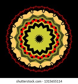 Ethnic style colorful floral round mandala pattern. Black background with abstract flourish circle ornament. Multicolor bright flowers, leaves, geometric shapes, lines. Decorative design for prints.