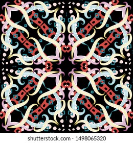 Ethnic style colorful vector seamless pattern. Repeat tribal bright background. Geometric abstract ornamental backdrop. Decorative endless ornament with flowers, geometry shapes, lines, circles.