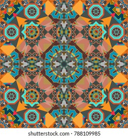 Ethnic style. Decorative stylized elements. Colorful mandala seamless pattern. Vector design for fabrics, cards, web, decoupage. Mandalas ornament in orange, brown and blue colors.