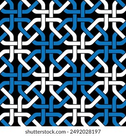 Ethnic style design with blue and white intertwined lines on a black background. Chained geometric shapes. Seamless repeating pattern.