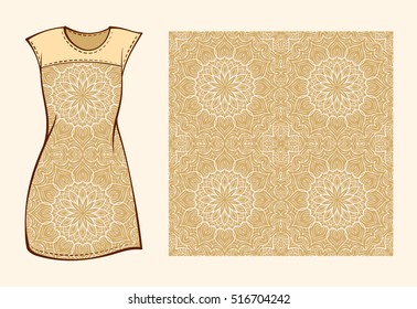 Ethnic style dress mock-up with seamless lace pattern decoration.