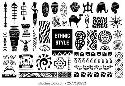 Ethnic style elements collection. Isolated doodle ornaments, african masks and animal silhouettes, decorative mascots and symbols. Tribal vector clipart