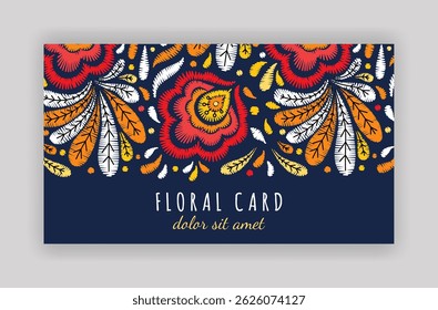 Ethnic style embroidery flower pattern on the visiting card. Rustic ornate embroidered floral brochure design.