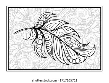 Ethnic style feather black and white antistress coloring card