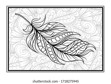 Ethnic style feather black and white antistress coloring card