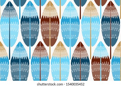 ethnic style feathers seamless pattern in blue brown shades on white