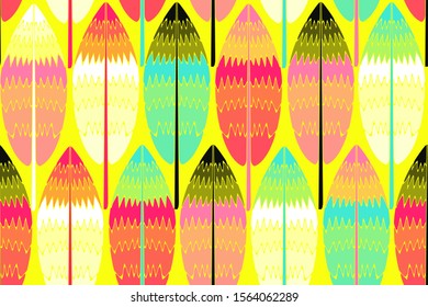 ethnic style feathers seamless pattern in pop shades on yellow