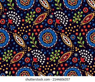 Ethnic style floral colorful seamless pattern. Can be printed and used as wrapping paper, wallpaper, textile, fabric.  Ethnic embroidery. Indian, Scandinavian, Gypsy, Mexican, Ukrainian pattern.