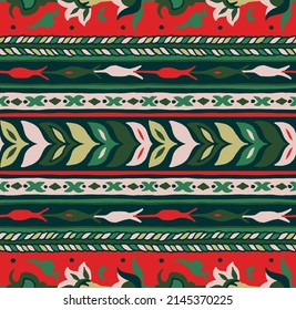 Ethnic style floral colorful seamless pattern. Can be printed and used as wrapping paper, wallpaper, textile, fabric.  Ethnic embroidery. Indian, Scandinavian, Gypsy, Mexican, Ukrainian pattern.