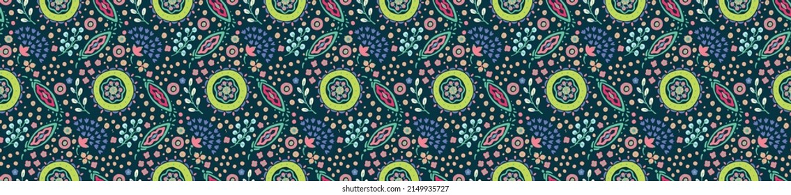 Ethnic style floral colorful seamless pattern. Can be printed and used as wrapping paper, wallpaper, textile, fabric.  Ethnic embroidery. Indian, Scandinavian, Gypsy, Mexican, Ukrainian pattern.