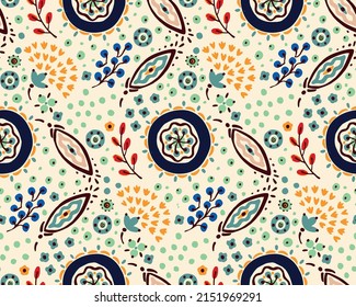 Ethnic style floral colorful seamless pattern. Can be printed and used as wrapping paper, wallpaper, textile, fabric.  Ethnic embroidery. Indian, Scandinavian, Gypsy, Mexican, Ukrainian pattern.