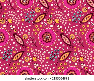 Ethnic style floral colorful seamless pattern. Can be printed and used as wrapping paper, wallpaper, textile, fabric.  Ethnic embroidery. Indian, Scandinavian, Gypsy, Mexican, Ukrainian pattern.