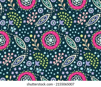 Ethnic style floral colorful seamless pattern. Can be printed and used as wrapping paper, wallpaper, textile, fabric.  Ethnic embroidery. Indian, Scandinavian, Gypsy, Mexican, Ukrainian pattern.