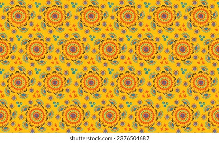 Ethnic style floral colorful seamless pattern. Can be printed and used as wrapping paper, wallpaper, textile, fabric. Ethnic embroidery. Indian, Scandinavian, Gypsy, Mexican, Ukrainian pattern.