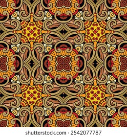 Ethnic style floral hand drawn colorful intricate seamless fabric pattern. Vector ornamental swirls, doodle lines, curves, abstract flowers bright background.  Repeat ornaments. Endless texture.