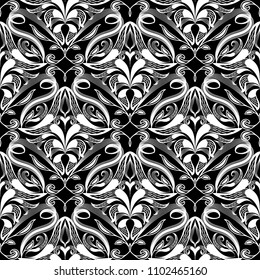 Ethnic style floral vector paisley seamless pattern. Black and white ornamental patterned background. Monochrome hand drawn flourish damask ornaments. Lattice lace paisley flowers. Template for fabric