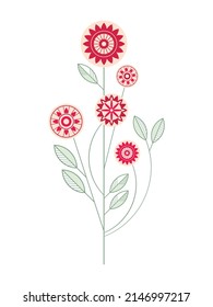 Ethnic style flower branch with contour leaves vector simple illustration isolated on white. Floral linear design element for print, background, banner or card.