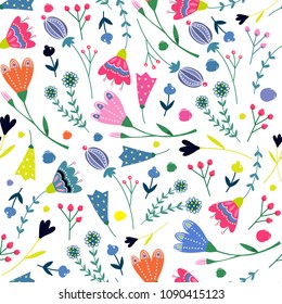 Ethnic style flowers. Hand drawn vector seamless pattern