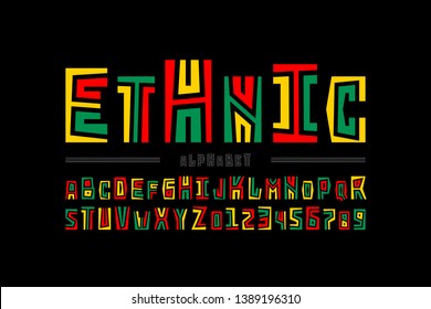 Ethnic style font design, alphabet letters and numbers, vector illustration