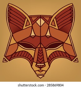 Ethnic style fox' head vector drawing. Colored