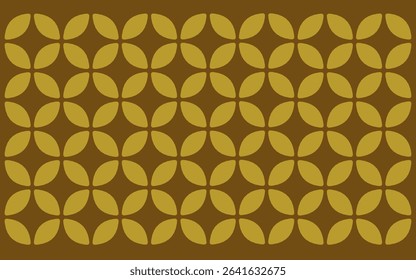 Ethnic style Indonesian Batik Ceplok motif, a simple geometric floral pattern featuring interlocking golden brown rounded shapes on a dark brown background. seamless pattern geometric design