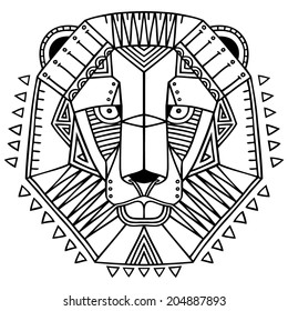 Ethnic style lion's head vector drawing. Isolated outlines