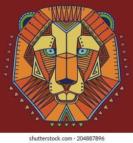 Ethnic style lion's head vector drawing. Colored