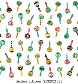 Estilo étnico maracas colorido padrão sem costura. Composição decorativa tribal dos motivos mexicanos. Ilustração vetorial EPS 10.