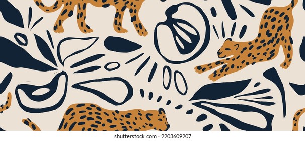 Ethnic style ornament with leopards. Hand drawn abstract organic shapes pattern. Collage contemporary print. Fashionable template for design. 