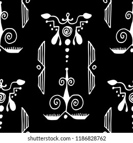 Ethnic style ornament. Seamless pattern. Abstract silhouette. Indian, Native American Aztec. Black background, white elements