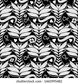 Ethnic style ornamental abstract cats seamless pattern. Vector black and white patterned kittens background. Hand drawn decorative ornament with cats, flowers, love hearts, words, letters, lines.