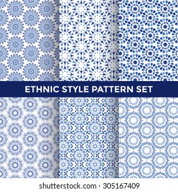 Ethnic Style Pattern Set - Collection of Six Blue Pattern Designs on White Background