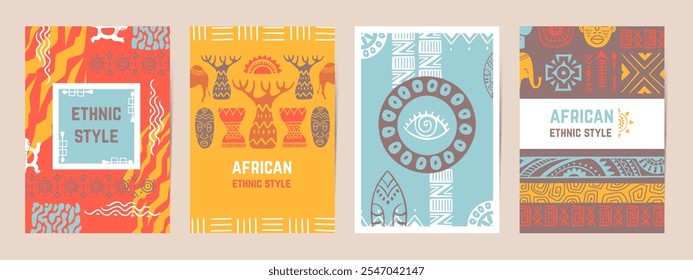 Ethnic style posters. Tribal ornaments banners, decorative cover design templates. Geometric ornament, masks and animal silhouettes, neoteric vector set