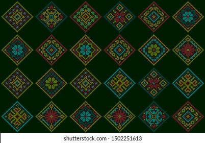 Ethnic style romantic colorful embroidered background. Rhombus cross-stitch pattern. Scandinavian winter folk design. Christmas background.