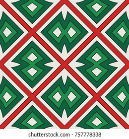 Ethnic style seamless pattern in Christmas traditional colors with geometric figures. Native americans ornamental background. Tribal motif. Boho chic digital paper, textile print. Vector art