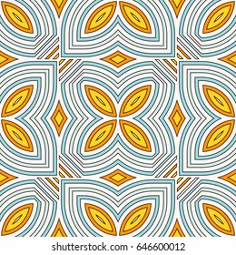 Ethnic style seamless pattern with floral motif. Blue and yellow colors abstract background. Tribal ornament. Boho chic digital paper, textile print, page fill. Vector art