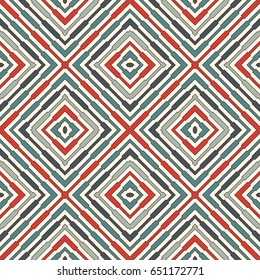 Ethnic style seamless pattern with geometric figures. Repeated squares and rhombuses ornamental abstract background. Tribal motif. Boho chic digital paper, textile print, page fill. Vector art
