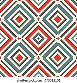Ethnic style seamless pattern with geometric figures. Repeated squares and rhombuses ornamental abstract background. Tribal motif. Boho chic digital paper, textile print, page fill. Vector art