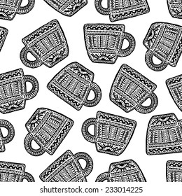 Ethnic style seamless pattern with hand drawn coffee beans and cups. Perfect for pattern fills, web page background, wallpaper 