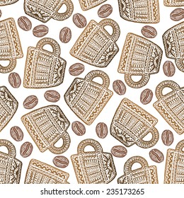 Ethnic style seamless pattern with hand drawn coffee beans and cups. Perfect for pattern fills, web page background, wallpaper 