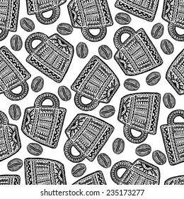 Ethnic style seamless pattern with hand drawn coffee beans and cups. Perfect for pattern fills, web page background, wallpaper 