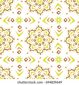 Ethnic style seamless pattern with hand drawn elements. Colorful elements on white background. Cross shaped and star shaped. Vector illustration