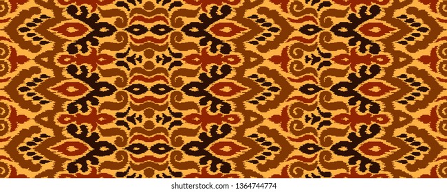 Ethnic style seamless pattern with ikat stylized ornament. Traditional ornamental textile design. Folklore handicraft repeating background.