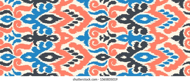 Ethnic style seamless pattern with ikat stylized ornament. Traditional ornamental textile design. Folklore handicraft repeating background.