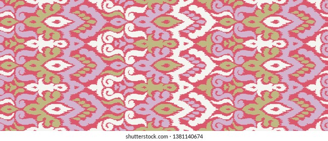 Ethnic style seamless pattern with ikat stylized ornament. Traditional ornamental textile design. Folklore handicraft repeating background.