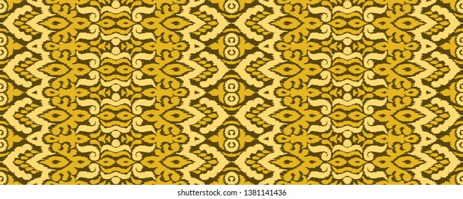 Ethnic style seamless pattern with ikat stylized ornament. Traditional ornamental textile design. Folklore handicraft repeating background.
