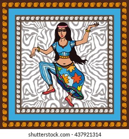 Ethnic style silk scarf with dancing Indian girl. Blue.